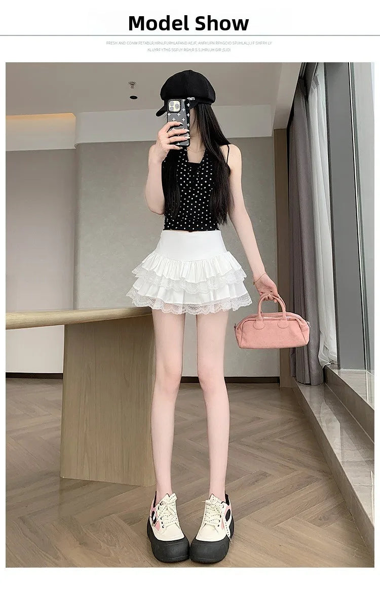 Pure Desire Lace A-Line Mini Skirt High Waist Puffy Sweet Style Short Cake Skirt Cotton Blend Fabric Summer Women's Dress