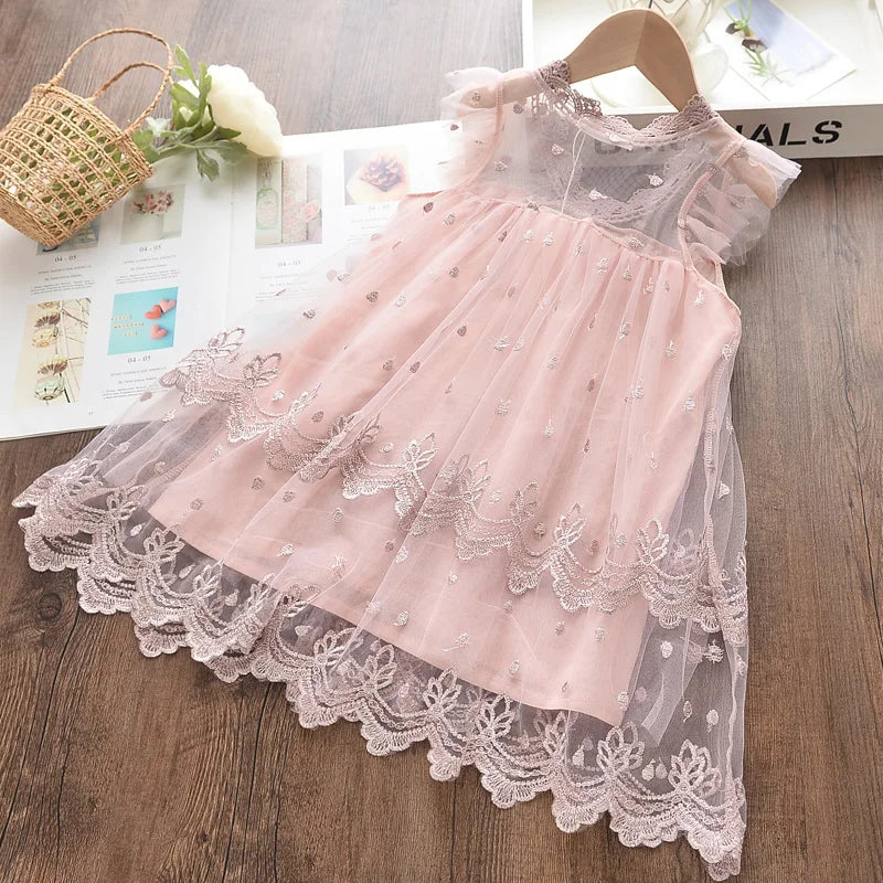 Girls Pink Princess Dress | Mesh Applique Summer Dress