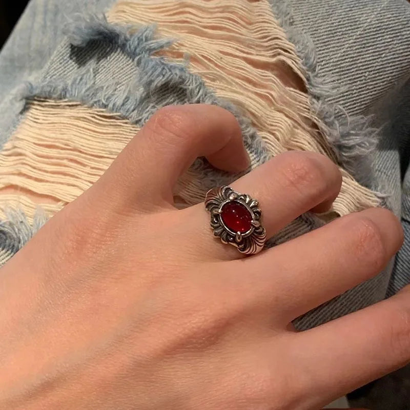 Vintage Y2k Gothic Red Crystal Cross Geometry Aesthetic Open Rings For Women Punk Creative Grunge Jewelry Accessories