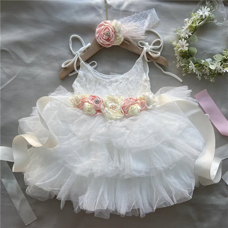 New Born Baby Girls Birthday Dress for Kids Flowers Girls Party Tutus Costume Belt Headband 3pcs Outfit Set Princess Vestidos