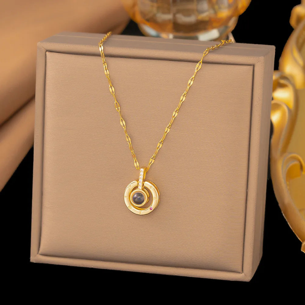 New Micro-Inlay Zircon Swan Flower Heart Projection Moon Pendant Necklace For Women'S Stainless Steel Valentine'S Day Jewelry