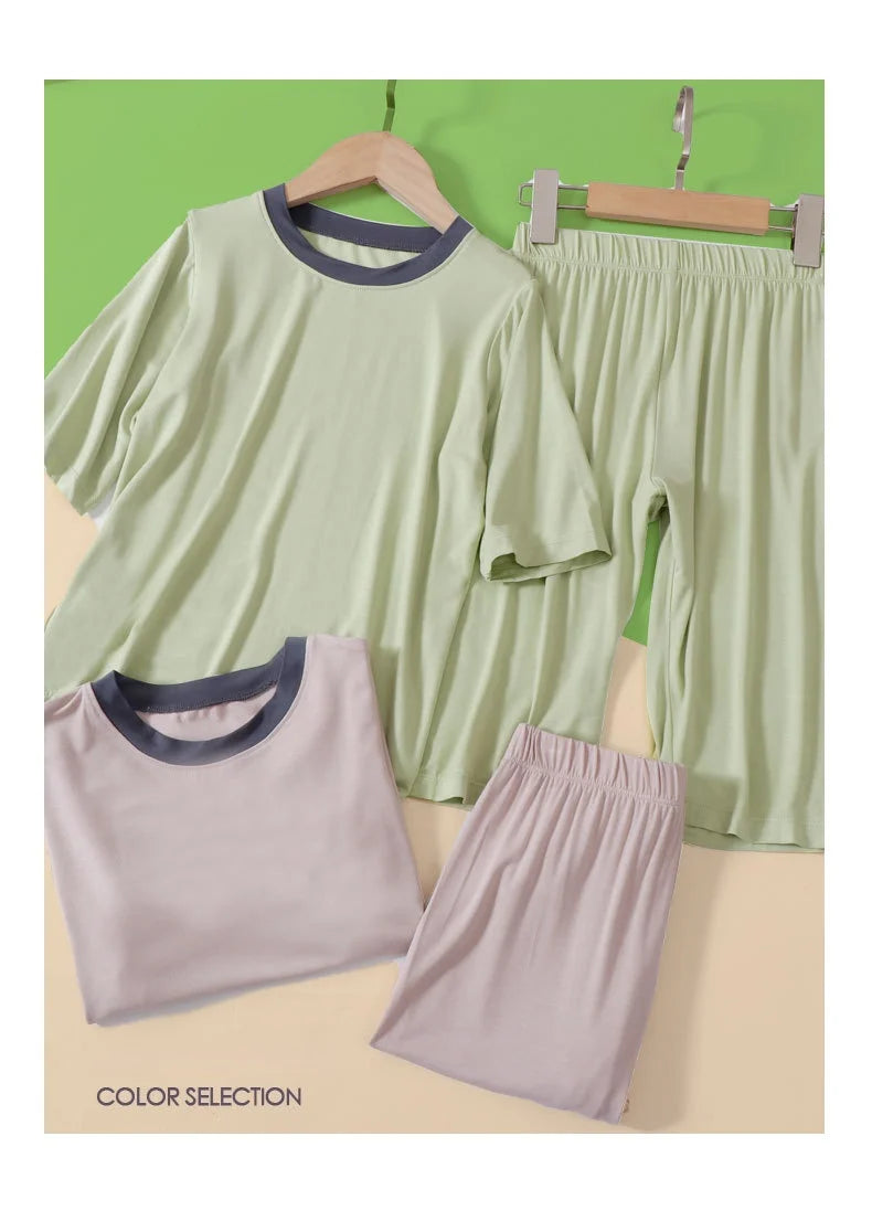 2026 Summer Thin Children Pajamas Contrast Color Soft Cooling Pajamas for Girls 10A Antibacterial Boys Sleepwear