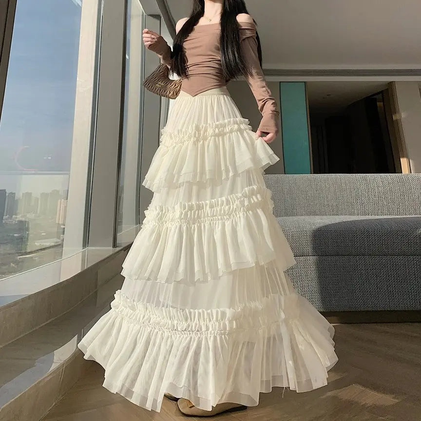 Qiukichonson Midi Long Skirt Women Patchwork Mesh Lolita Spring Summer High Waisted High Low Ruched Ruffles Ball Gown Skirt rok