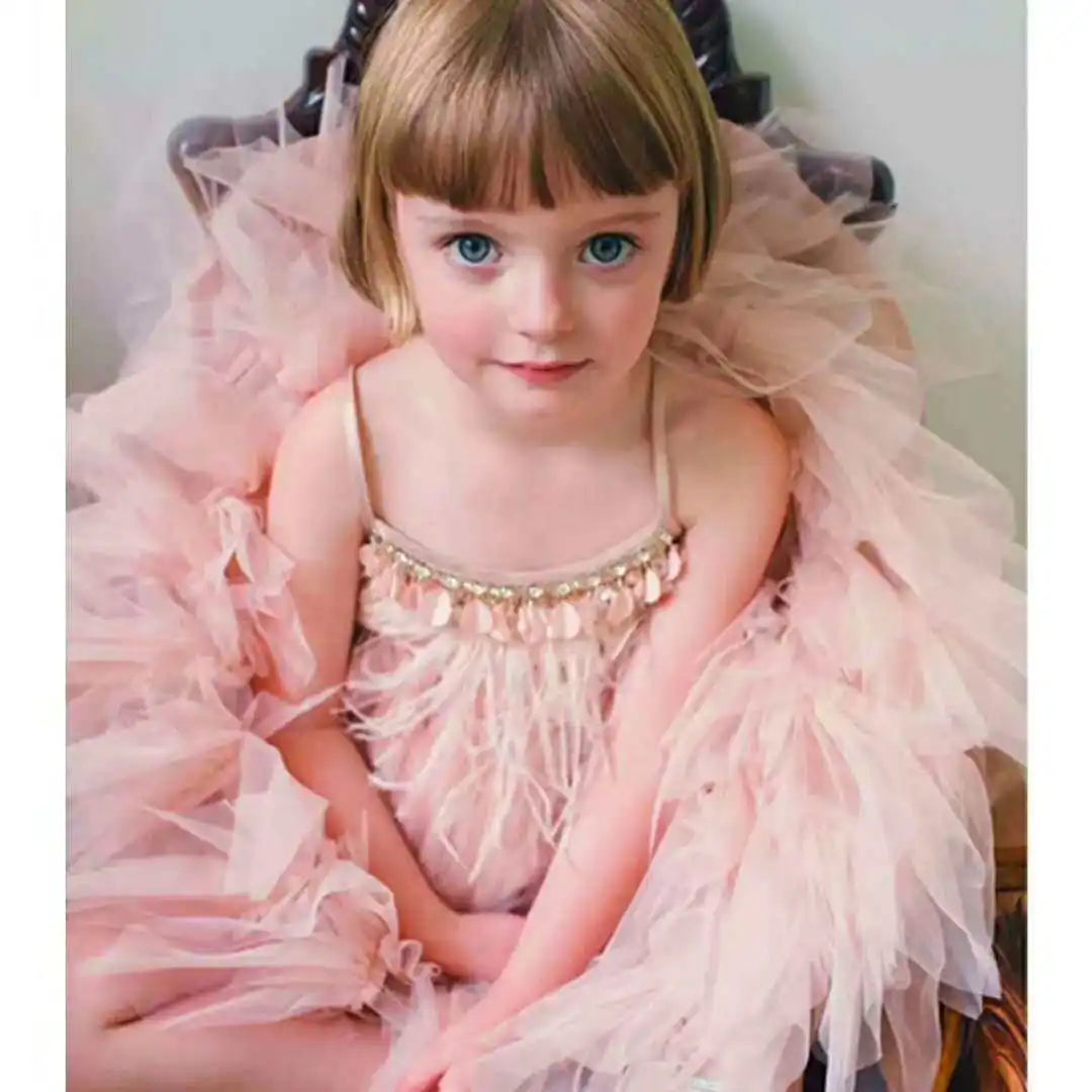 High-end Girls Tutu Dress 2026 New Summer Kids Sequin Flower Feather Slip Dresses Little Girls Princess Performance Dress