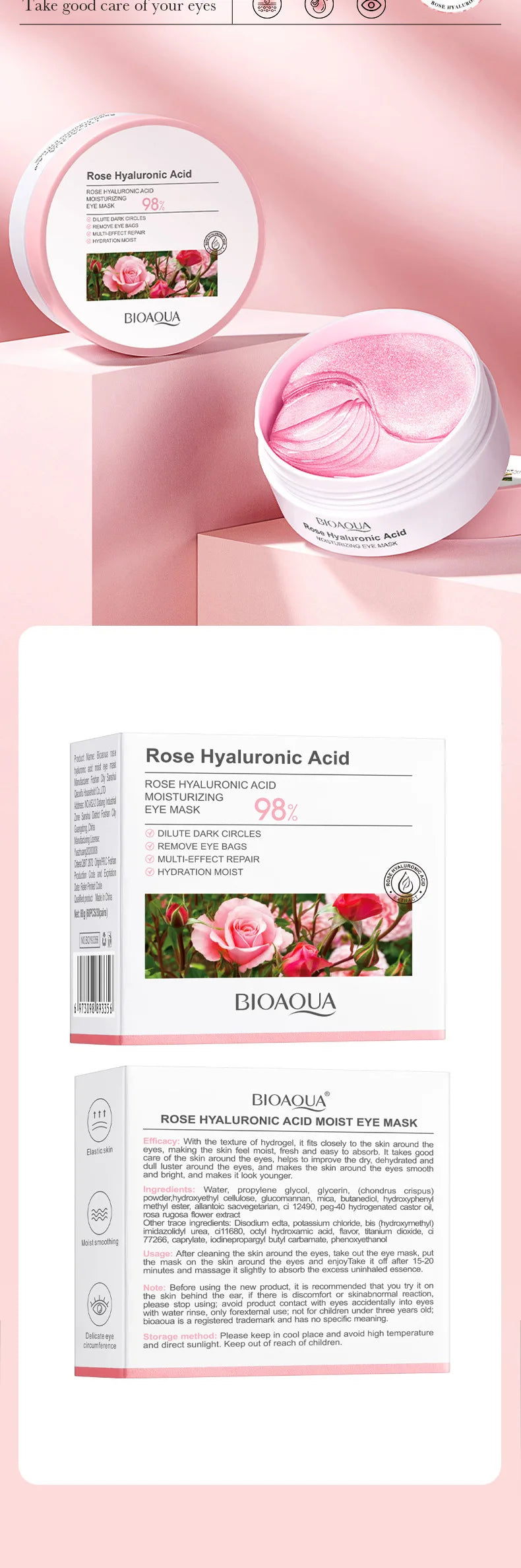 60pcs BIOAQUA Rose Hyaluronic Acid Eye Mask Anti Wrinkle Dark Circles Eye Bags Moisturizing Firming Eye Patches Skin Care