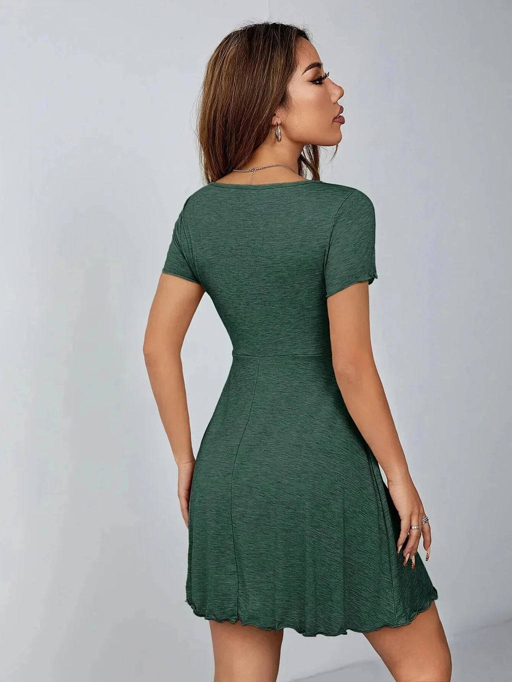 Women Summer V Neck Bow Tie Mini Dress Slim Fit Ruched High Waist Khaki Short Sleeve Bodycon Party Club Sundress Female Clothing