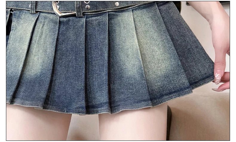 High Waist A-Line  Skirt Women's Denim Pleated Half Body Summer New Style Comfortable Soft Korean Version City Commute