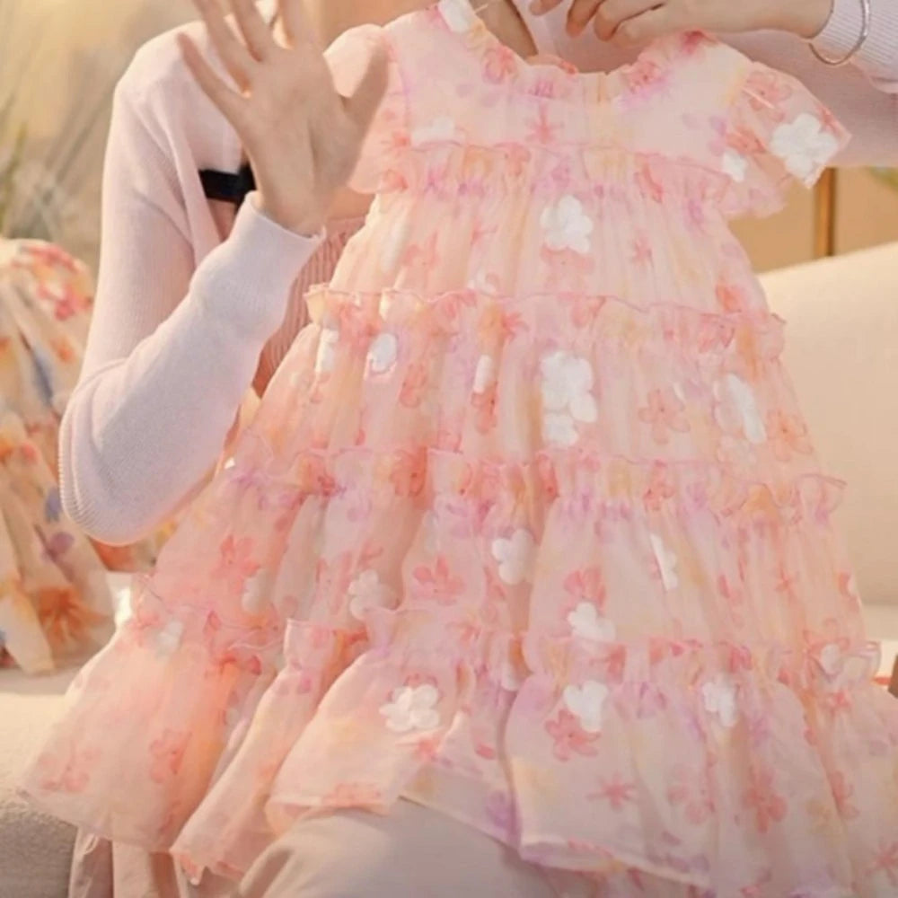 Summer New Pink 3-7 Year Old Girl Casual Clothes Round Neck Lace Floral Puff Cake Princess Sleeveless Dress Sweet Birthday