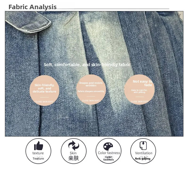 High Waist A-Line  Skirt Women's Denim Pleated Half Body Summer New Style Comfortable Soft Korean Version City Commute