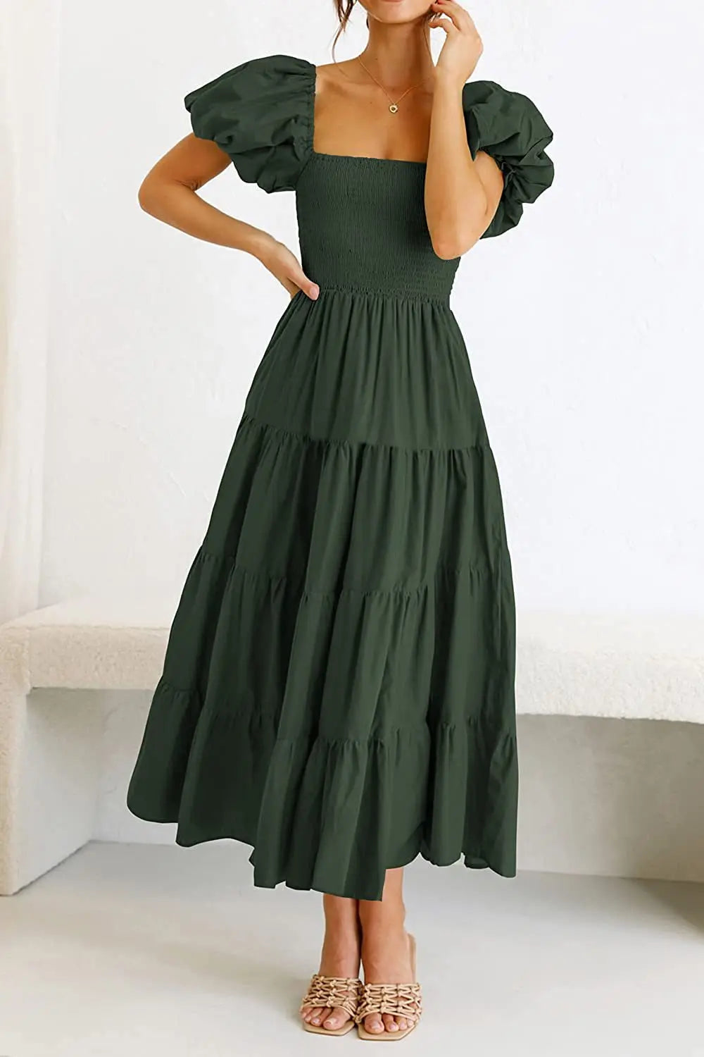 2026 Spring Summer Elegant Women's Long Dress Fashionable Solid Color Square Neck Puff Sleeve Pleated Slim Fit Loose Hem Dress