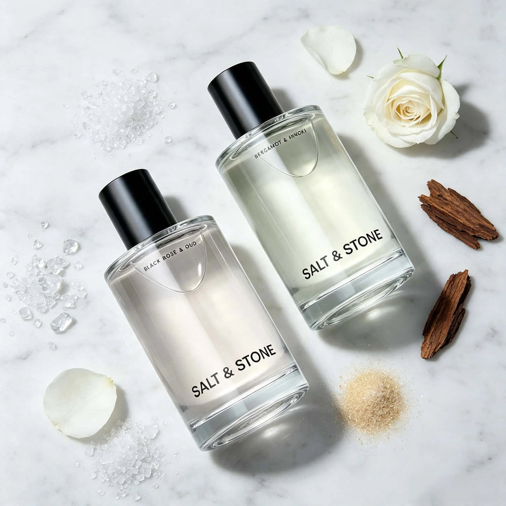 Salt & Stone Eau de Parfum 2 Pack, Black Rose & Oud & Bergamot & Hinoki Scent, Simple Clear Bottle Long Lasting Unisex Cologne, Daily Neutral Fragrance Gift for Men Women