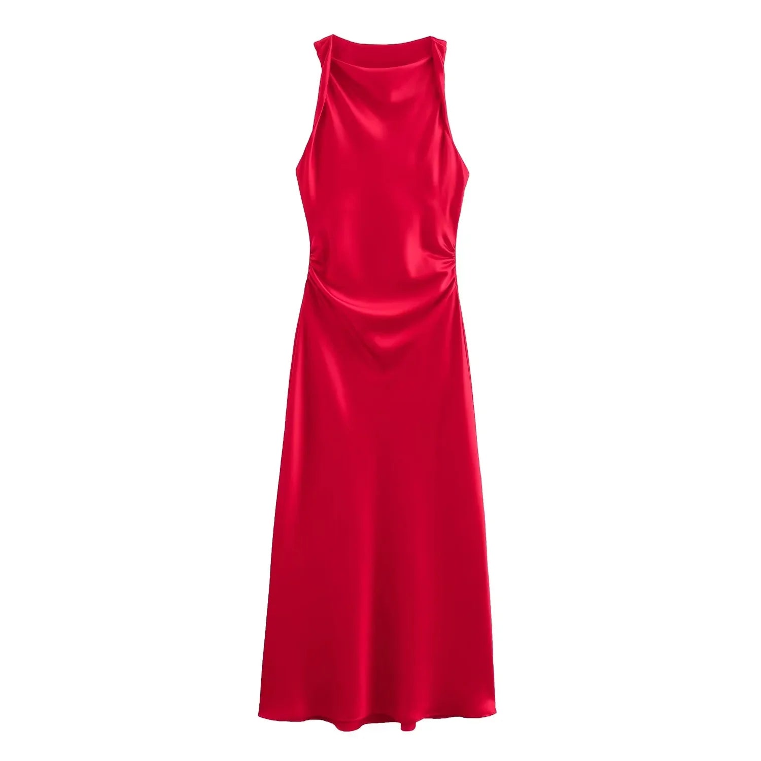Satin Halter Midi Dress | Sleeveless Evening Party Dress