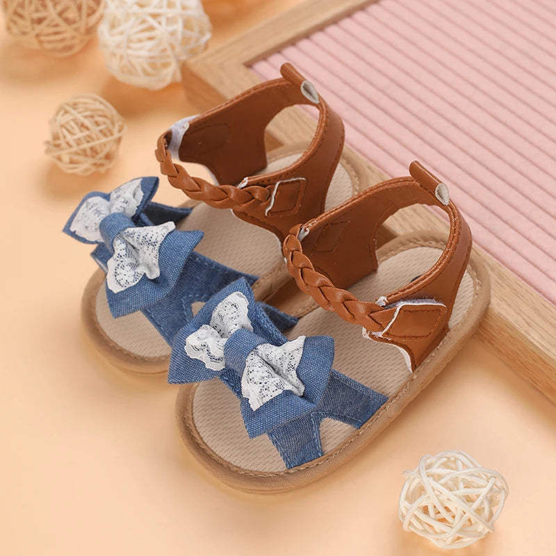 2025 Infant Baby Girls Summer Sandals with Flower Bowknot Soft Sole Wedding Dress Flats Newborn First Walkers Crib Dress Shoes