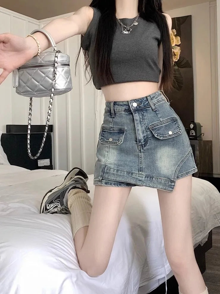Retro Spicy Girl Uneven Denim Mini Skirt High Waist Slim Fit Women's Summer New Style Short Skirt Bodycon Skirt New Style