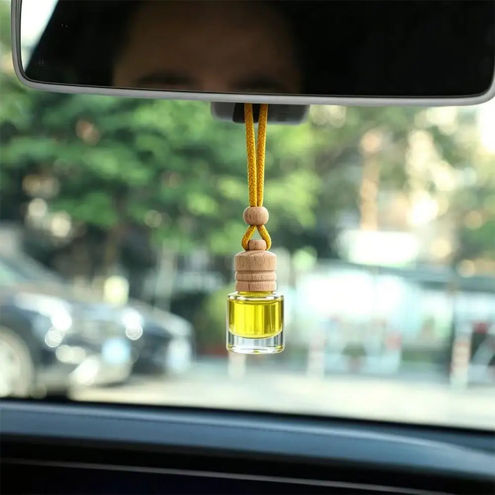 Hanging Car Air Freshener Refillable Glass Bottle Wooden Cap Essential Oil Diffuser Pendant Long Lasting Auto Perfume Ornament