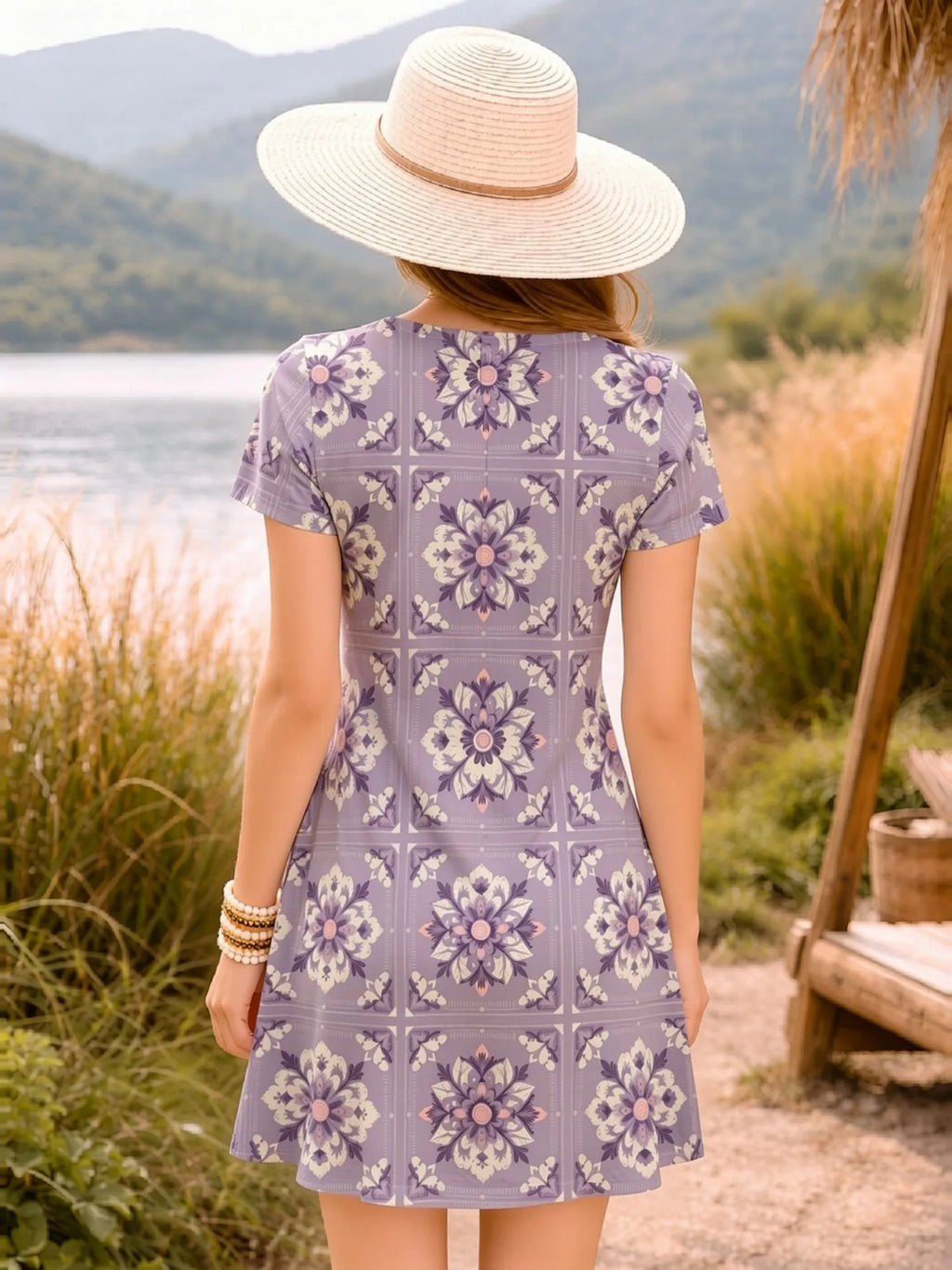Casual Womens V Neck Short Sleeve Floral Print Dress Relaxed Fit Summer Mini Dress for Everyday Wear Holidays Travel and Parties
