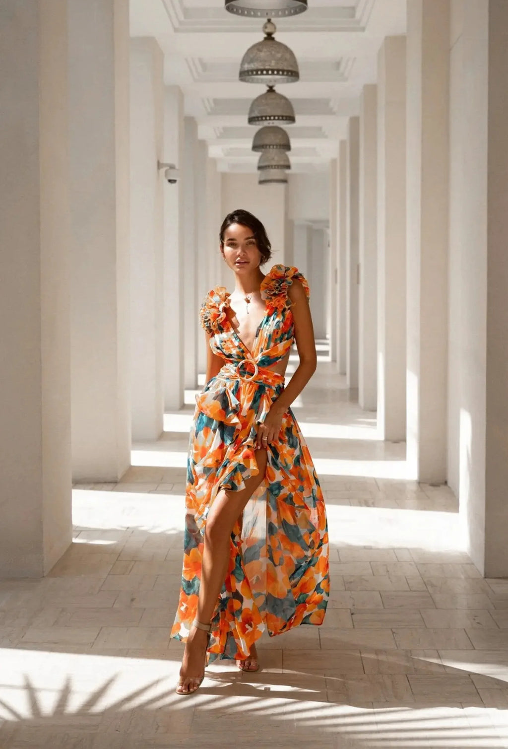 Floral Dress Women Spring Summer Deep V Neck Ruffle Hem Hollow Out Backless Maxi Dresses Bohemian Beach Sundress Outfit