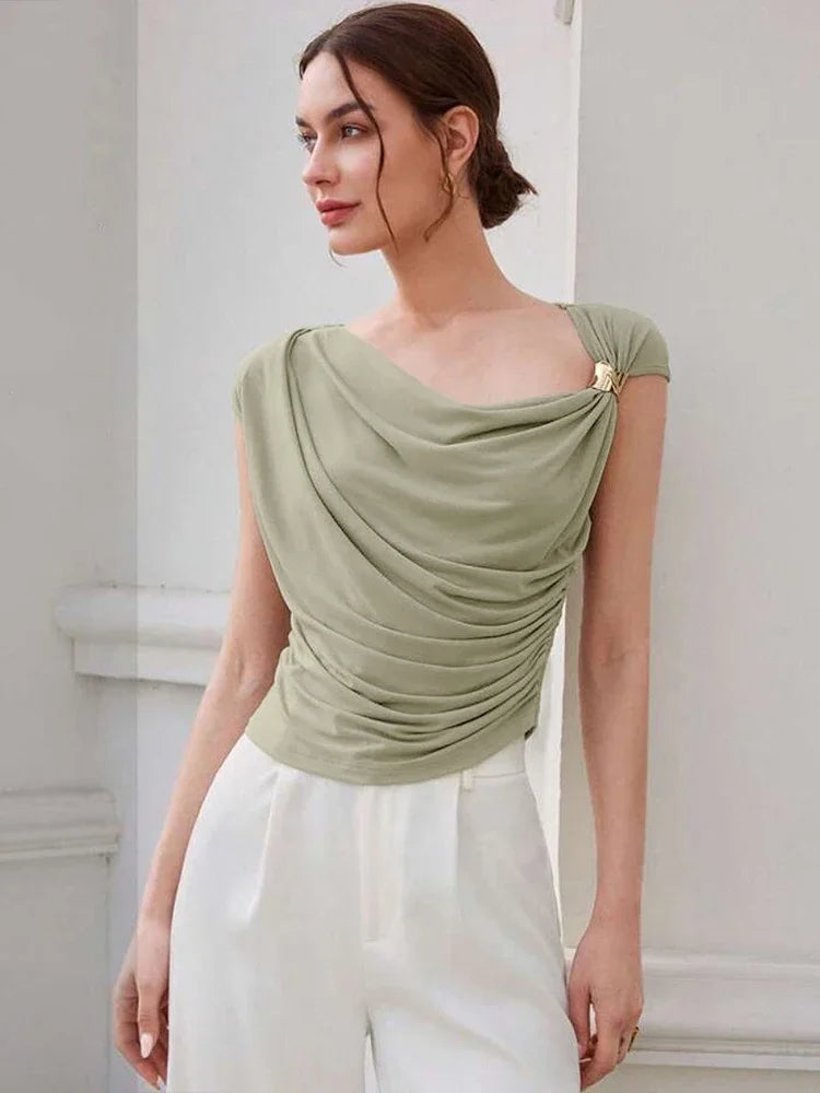 Irregular Metal Knots Tops Women Sexy Pleated Skinny High Stretch Solid Daily Casual Simple Streetwear Basic Tees