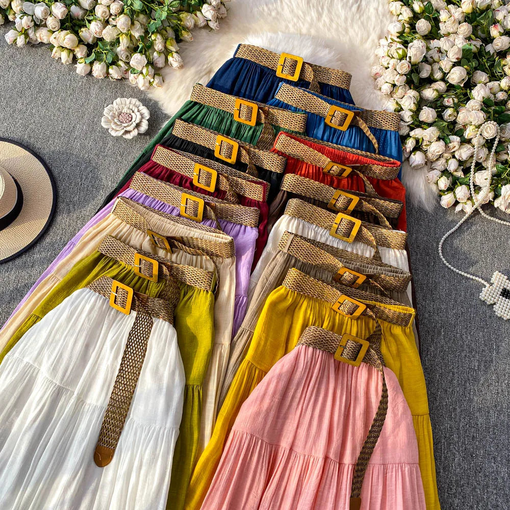 White Casual Mid-Length Puffy Skirt Women's Summer High Waist Slimming Cake Skirt Korean Sle Commute A-Line Skirt