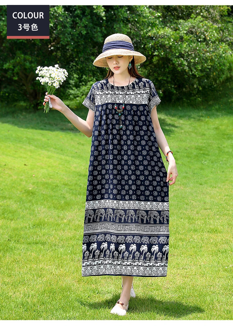 New Fashion Casual 2025 Summer Elegant Dresses For Women O-Neck Print Vintage Short Sleeve Dress Loose Women Clothing