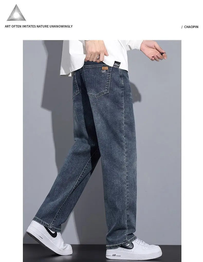 Black Casual Elastic Wide Leg Jeans Men's Loose Straight Fit Jeans Trendy Autumn Winter Long Pants Korean Style Basic Model