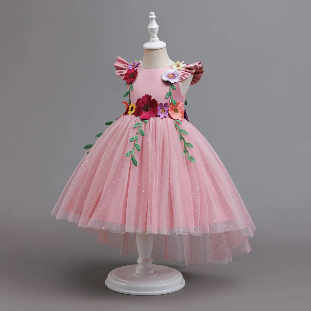 HETISO Princess Dress for Girls Red Christmas Lace Dots Embroidery 3D Flower Formal Party Birthday Gown Kids 2-10 Years