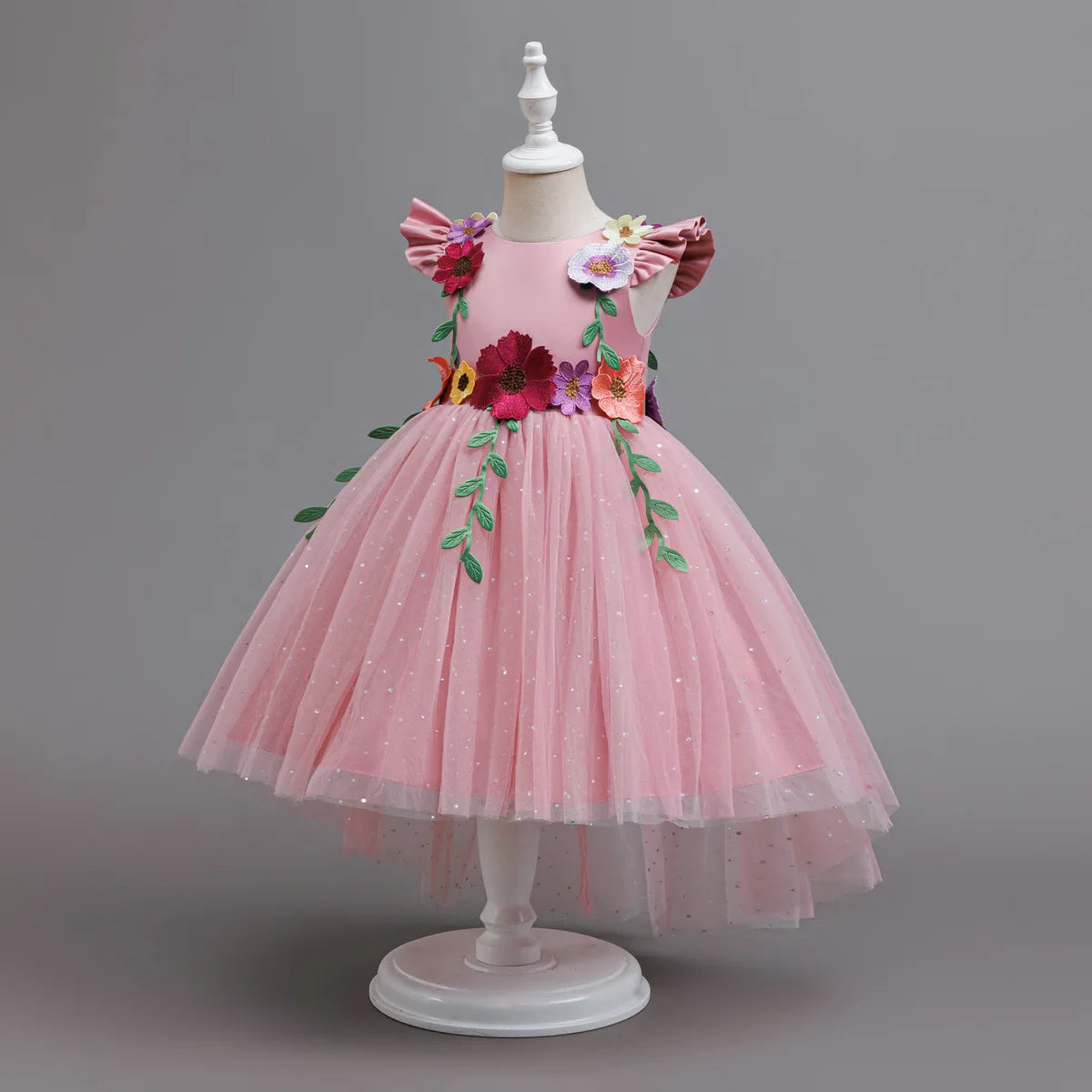 HETISO Princess Dress for Girls Red Christmas Lace Dots Embroidery 3D Flower Formal Party Birthday Gown Kids 2-10 Years