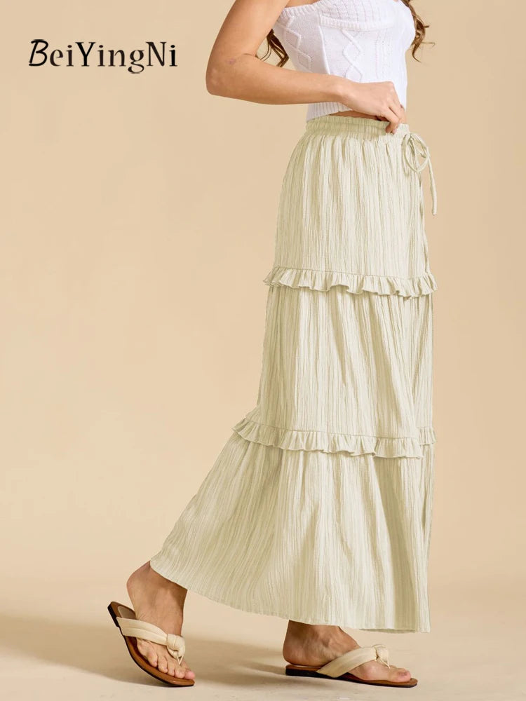 Beiyingni 2025 New In Women's Skirt Pure Color Leisure Fashionable Lace-up A-line Long Maxi Skirts Female Simple Slim Faldas