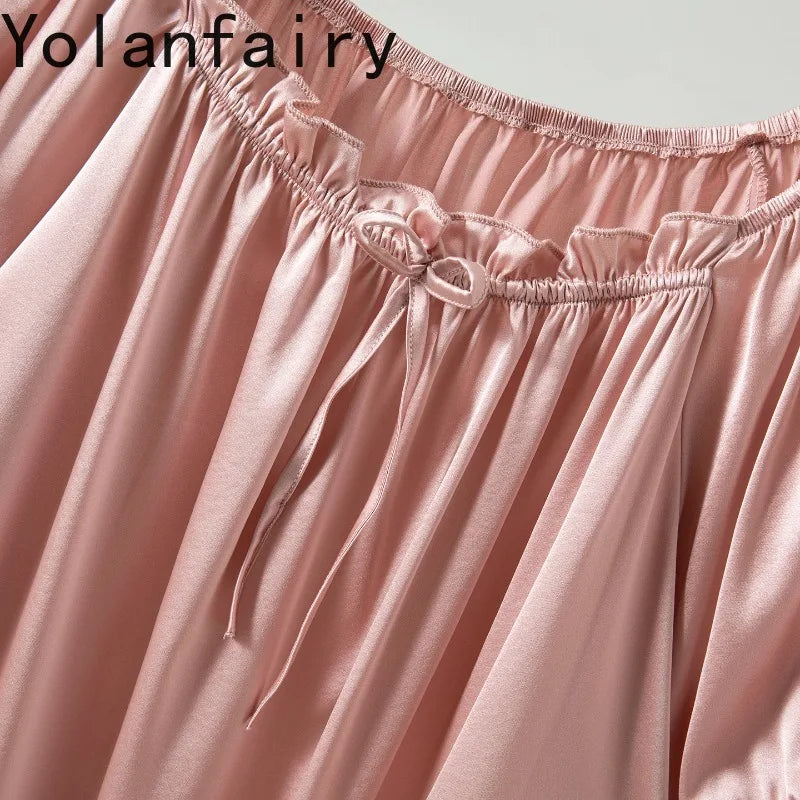 YOLANFAIRY 93% Real Mulberry Silk Pajamas for Woman 2026 Spring Summer High-end Sets Woman 2 Piece Short Sleeve Pijamas De Mujer