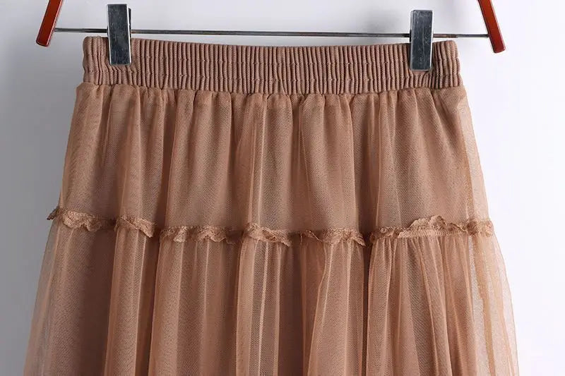 Sweet Lace A-Line Half Skirt Women's Spring Summer New Style Elastic Waist Slimming Cake Skirt High Waist Polyester Fiber