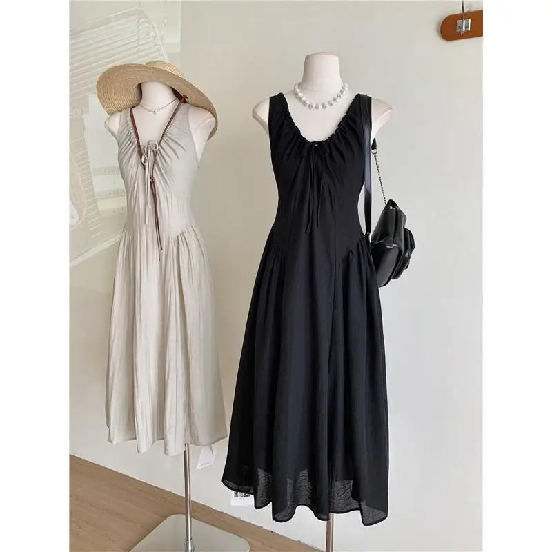 Retro French Style Casual Long Dress Drawstring Sleeveless plus Size 300 Pounds Design Summer New Fashion Dress