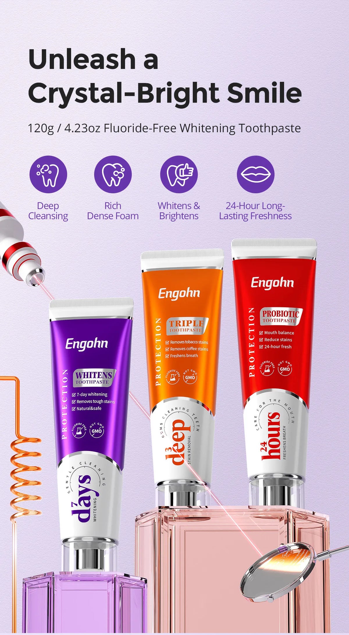Whitening toothpaste to remove stains - long-termwhitening without yellowing, flavor is honeysuckle andgardenia (purple variant), top note is gardenia, holly, middlenote is jasmine, mint, base note is green mint oral care pus