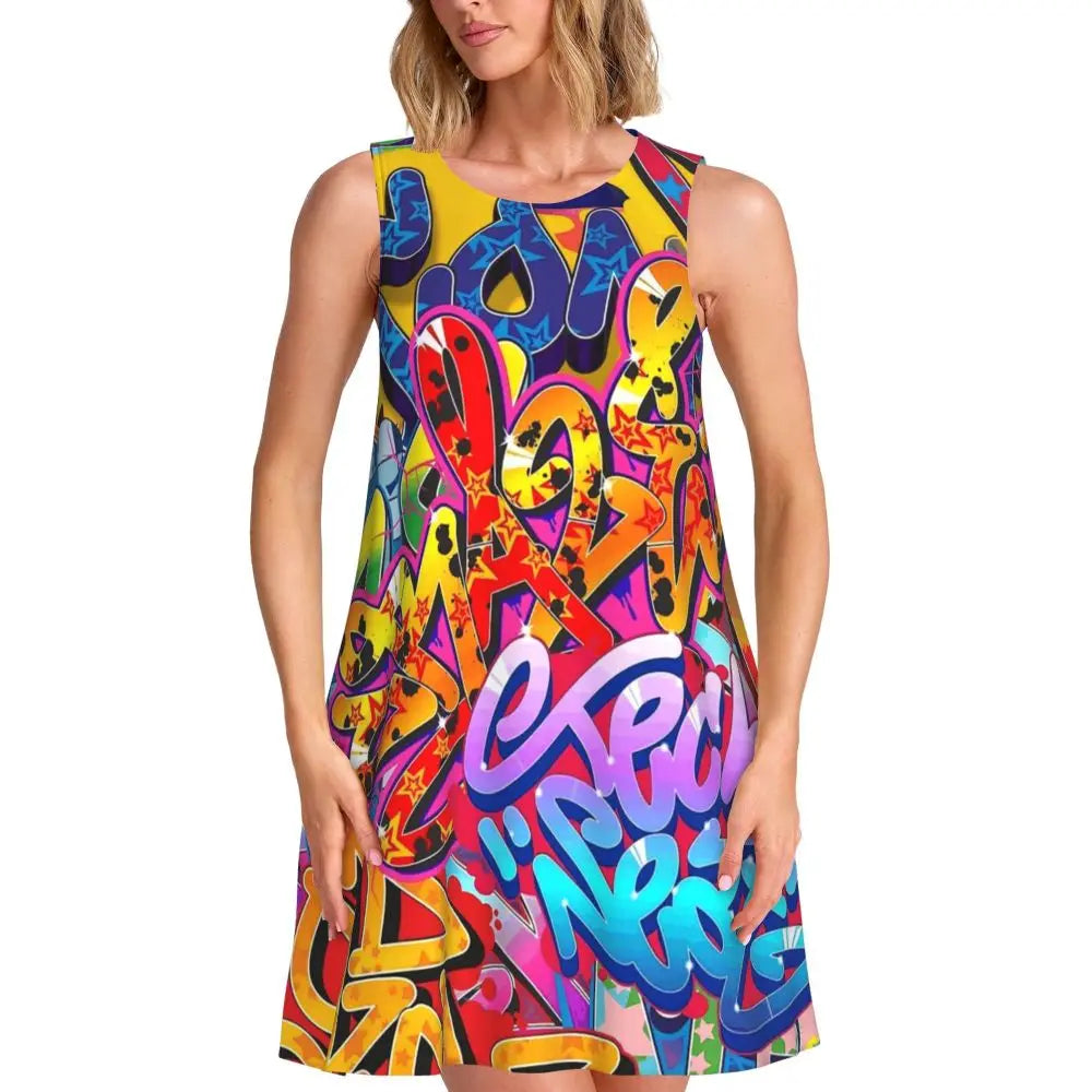 Shiny Graffiti Casual Dress Colorful Print Sleeveless Boho Dresses Women O Neck Street Fashion Dress Day Print Vestidos Present