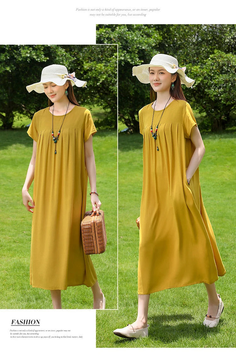 New Fashion Casual 2025 Summer Elegant Dresses For Women O-Neck Print Vintage Short Sleeve Dress Loose Women Clothing