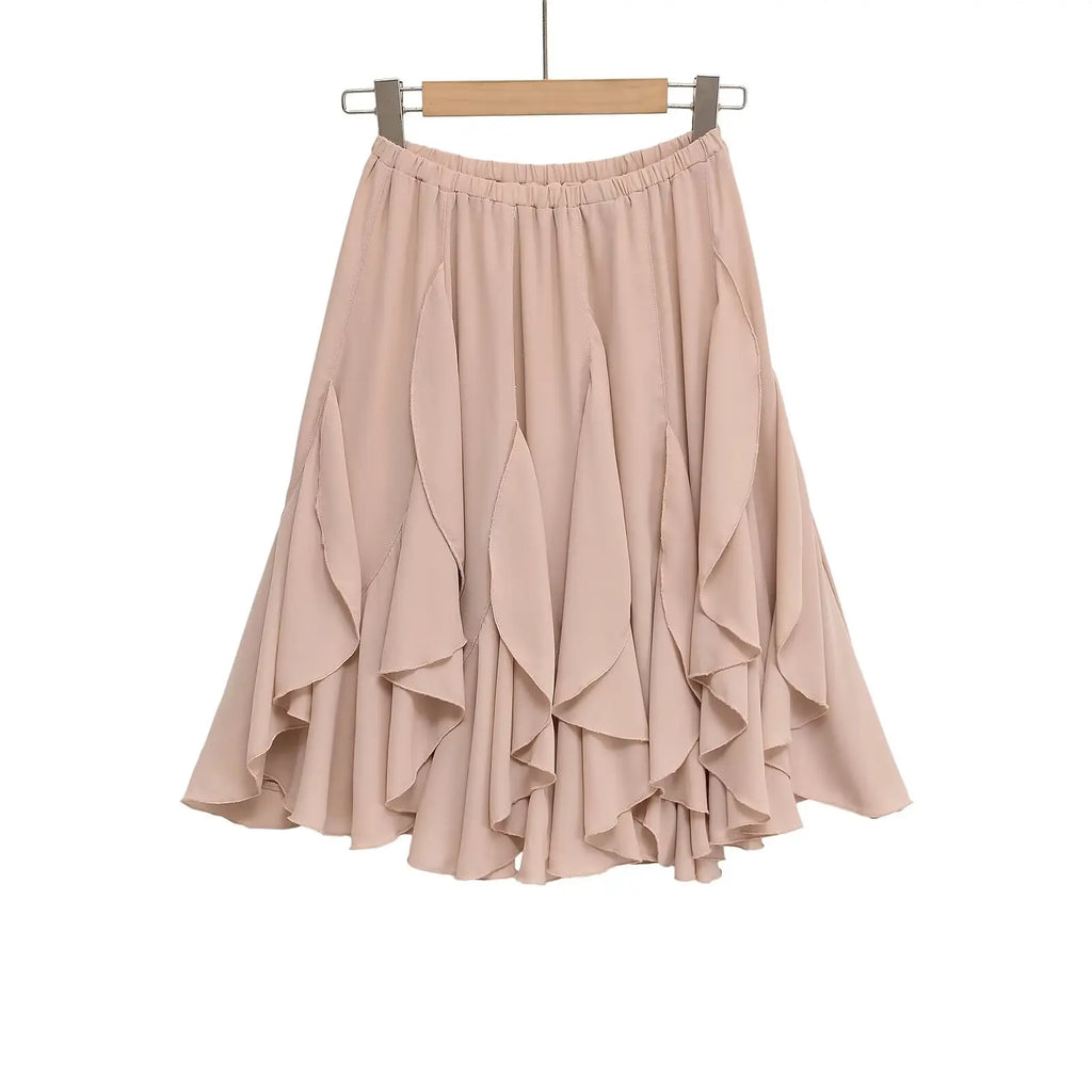 2026 Chic Women's Casual High Quality Knee-length Pink Layered Skirts Ladies Elegant A-line Tierred Ruffles Elastic Midi Skirt