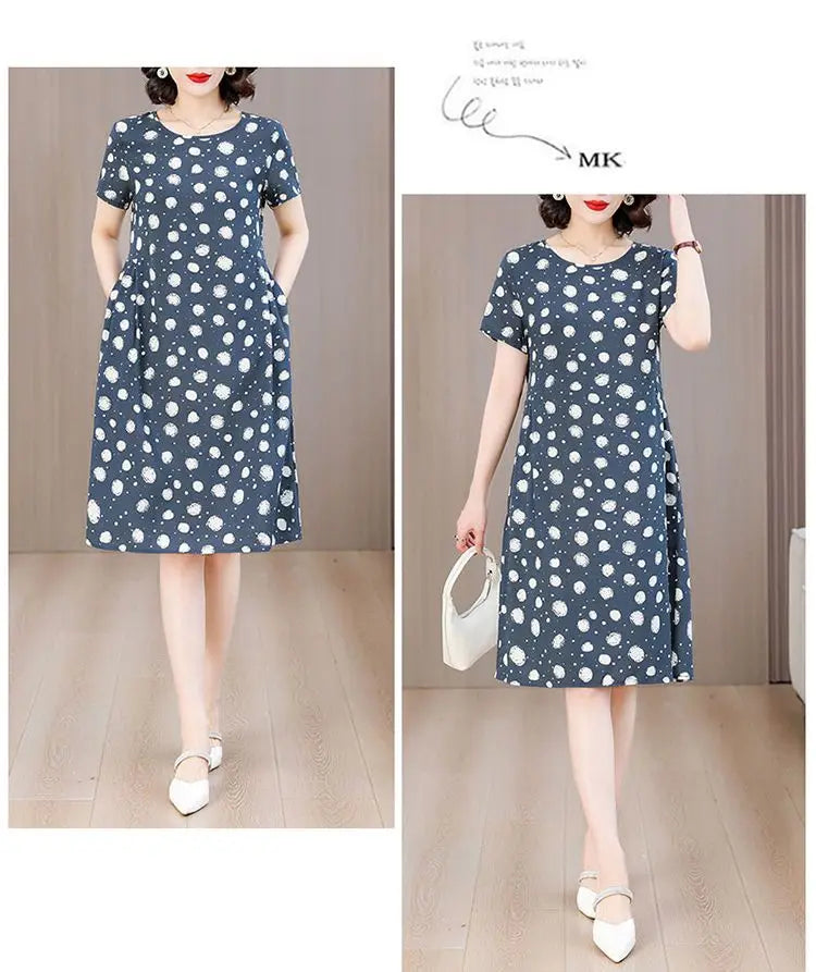 Women Summer Cotton Midi Dress Polka Dot Print Round Neck Short Sleeve Loose Casual Home Outdoor Dress S 4XL