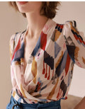 Women Shirt Spring and Summer Abstract Painting Temperament Printing V-neck Long-sleeved Shirt