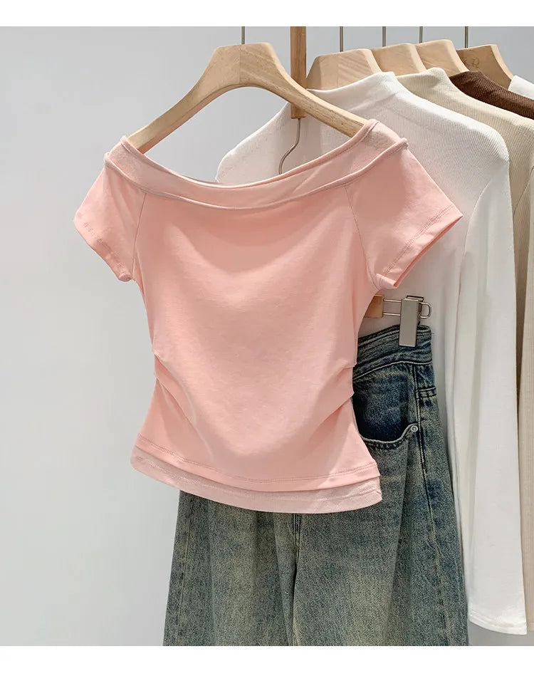 Unique Shoulder-Baring Pink Short-Sleeve T-Shirt Women's Summer New Style Korean Version Slim Fit Commute Style Cotton Material