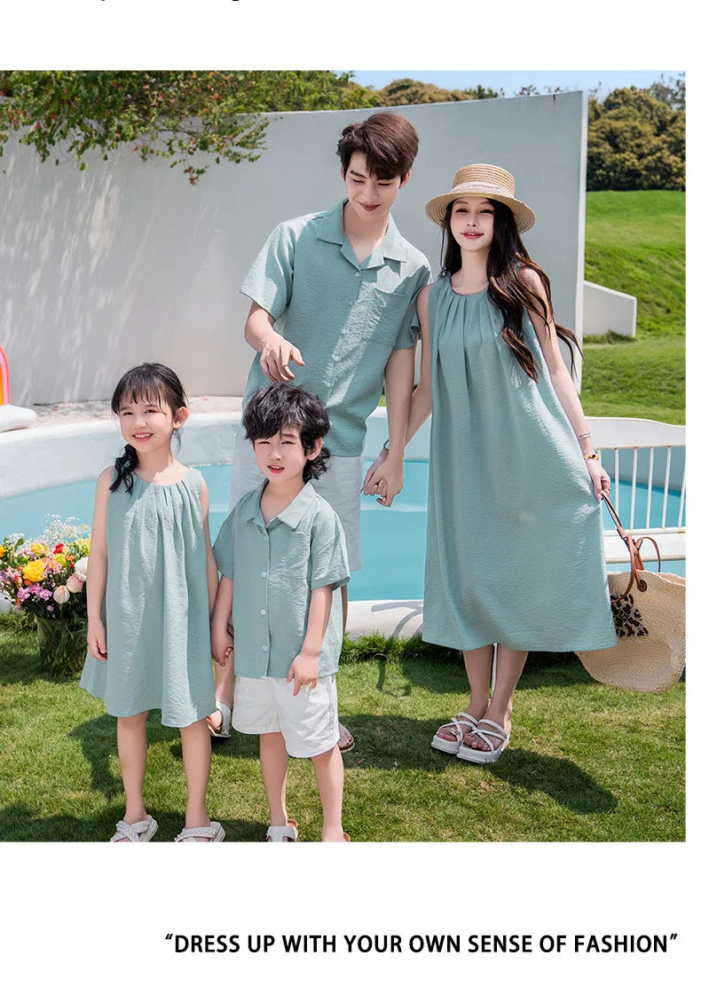 Vacation Family Matching Couple Outfit Dad Son Beach Shirts Mom Daughter Loose Dress Korean Parent-child Sister Brother Clothes