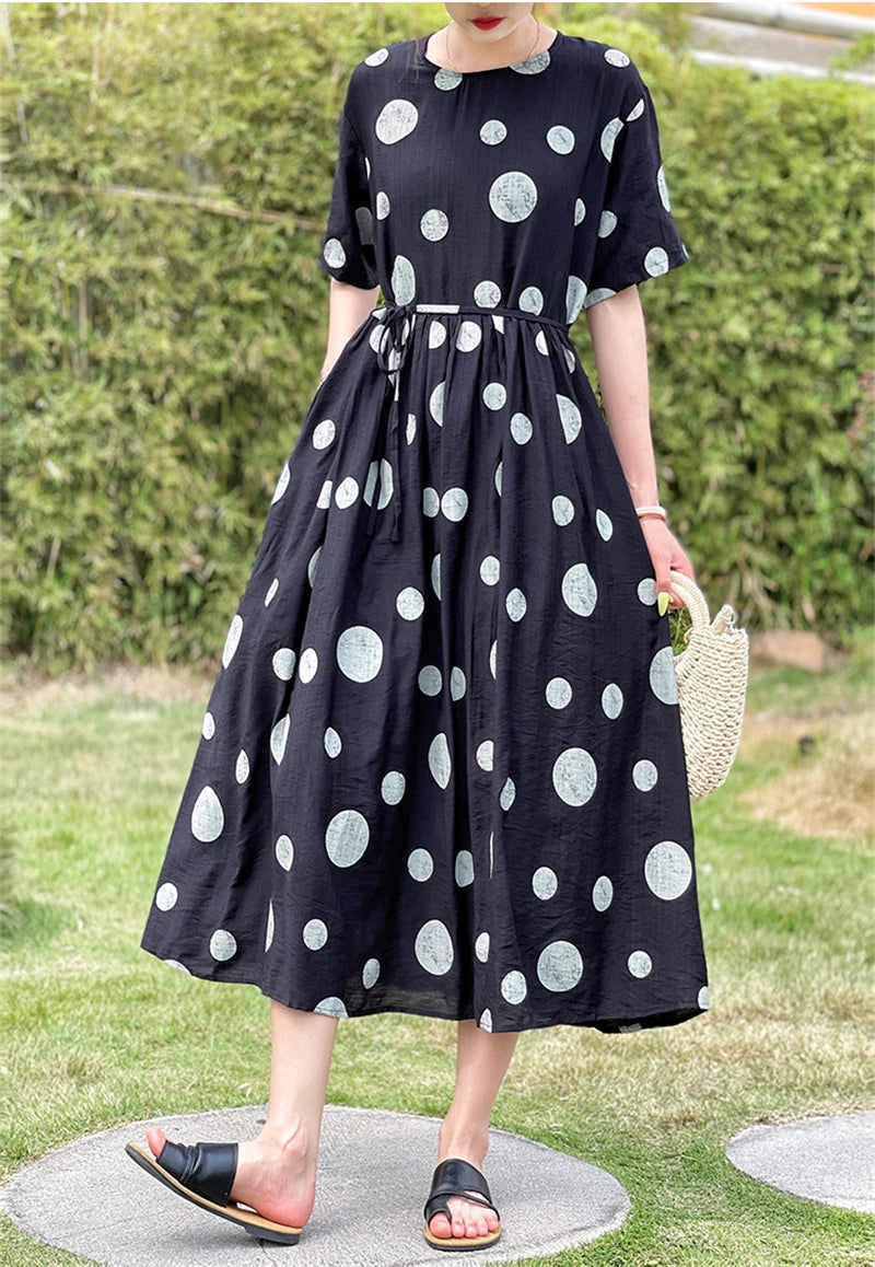 Summer Cotton Vintage Casual Loose Black Dresses For Women Short Sleeve Polka Dot Dress Femme Robe Vestidos Elegant Long Clothes
