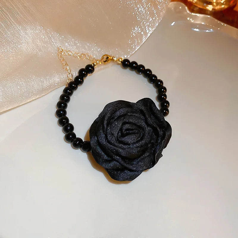 Jewelry Set For Women With Fabric Flowers Necklace Bracelet Earrings Four Pcs Elegant French Retro Style