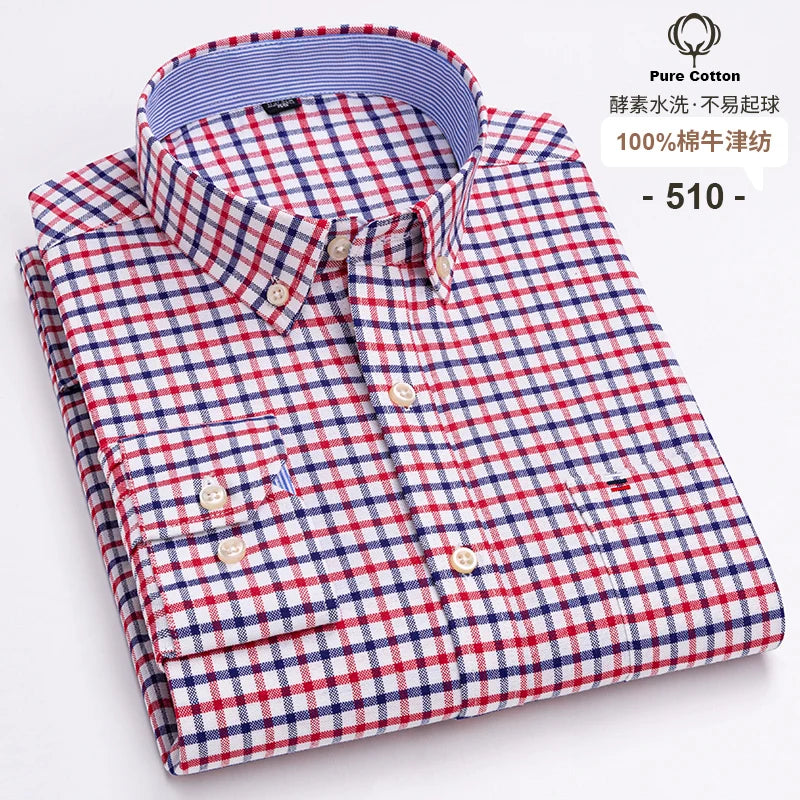 Men's 100% Cotton Oxford Plaid Dress Shirt - Long Sleeve Slim Fit