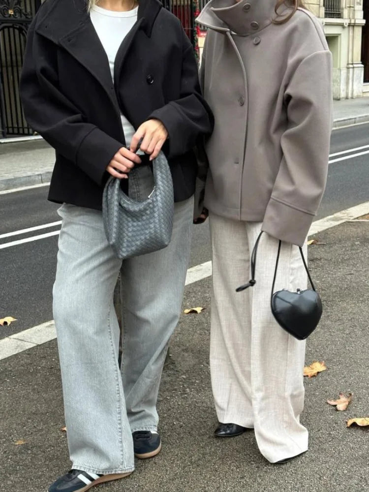 Stand Collar Women Winter Woolen Coat 2025 Spring Single Breasted Loose Female Long Sleeve Jacket Office Lady Street Short Coats