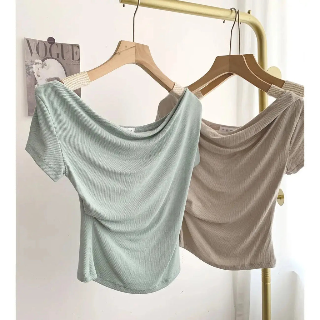 Summer Short Sleeve T-Shirt Shoulder Bared Open Neck Irregular Pleated Korean Style Slim Fit Pure Color Modal Fabric Ladies Top