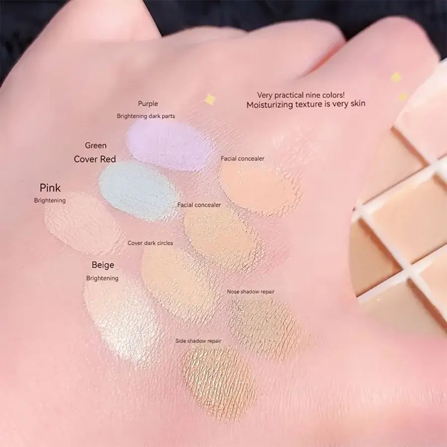 9-Color Flawless Concealer Palette - Waterproof, Sweatproof, Full Coverage - Corrects Spots, Acne, Dark Circles, Tear Grooves -