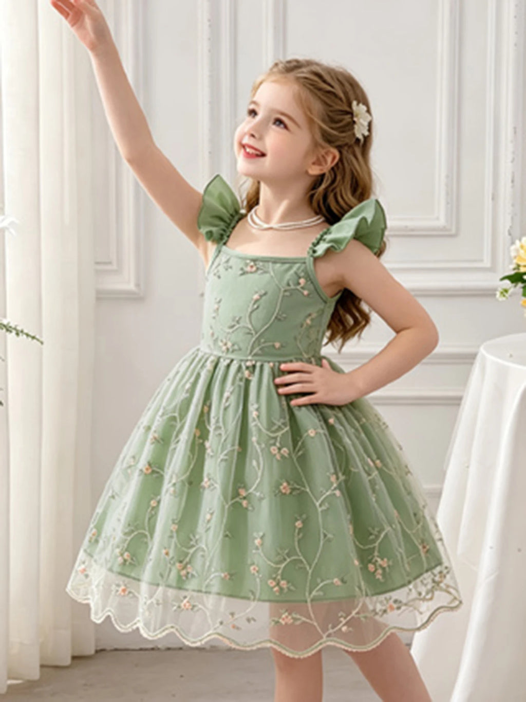Girls' Green Floral Tulle Princess Dress, Summer Flutter Sleeve Spaghetti Strap Puffy Skirt, Sweet Kids' Dress