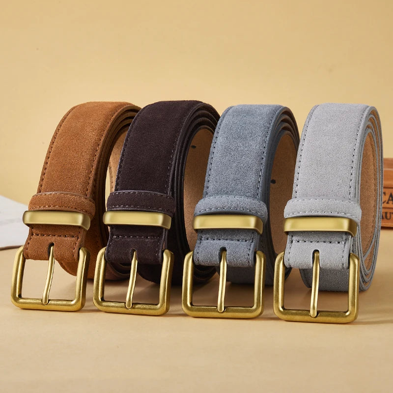 Luxury Suede Cowhide Leather Belt For Women'S, Vintage Style With Gold Buckle, 3.5Cm Wide Waistband For Dresses & Jeans 2042