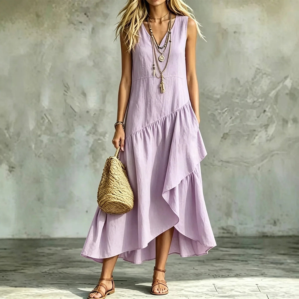 Summer 2026 New Arrival French Style Sleeveless V-Neck Asymmetrical Long Dress with Ruffle Hem Elegant Casual Tourist Wear