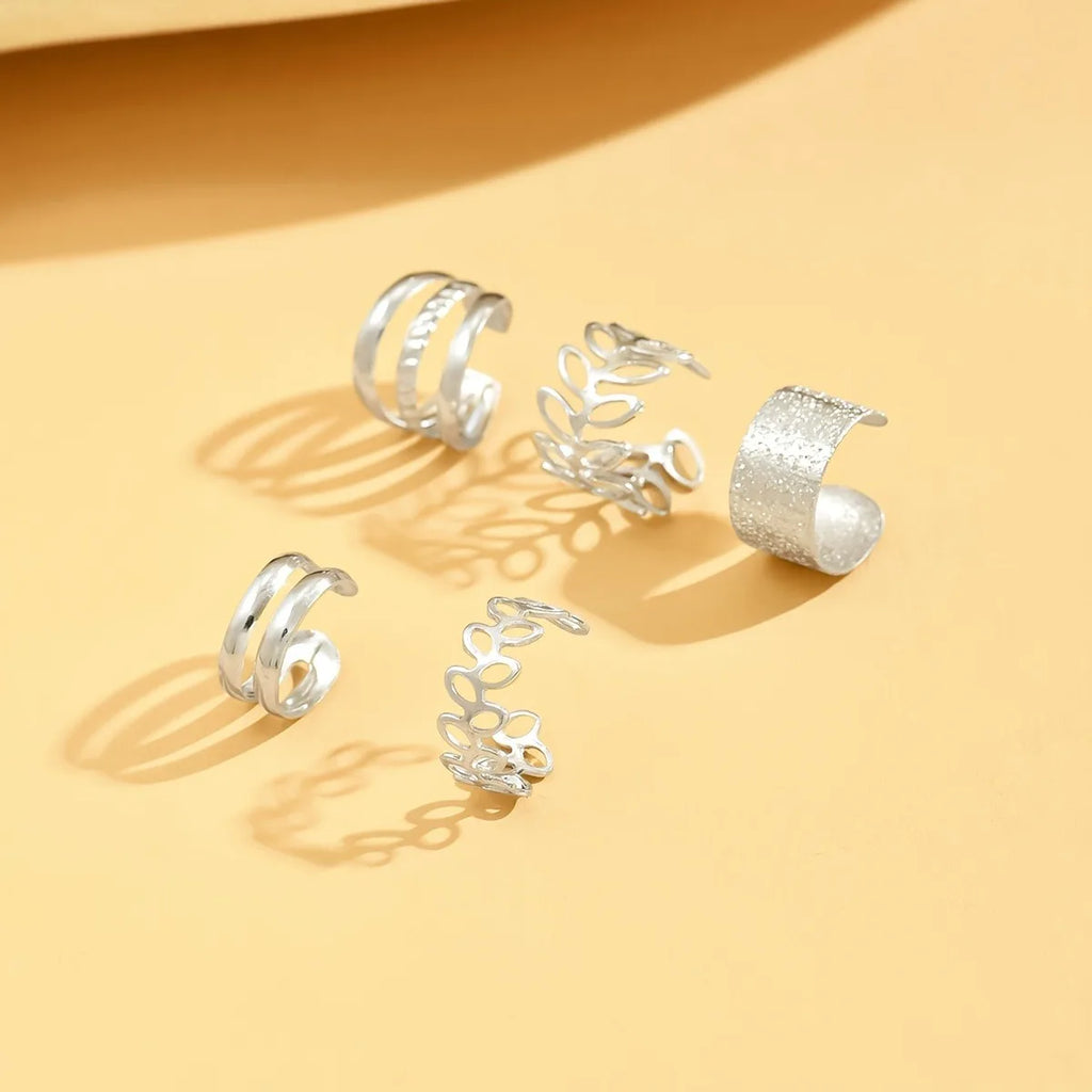5Pcs/Set Trendy Elegant Design Ear Cuff Classic Elegant Style Gifts Women'S'S No Piercing Clip Silver Earrings Circle Leaf Shaped