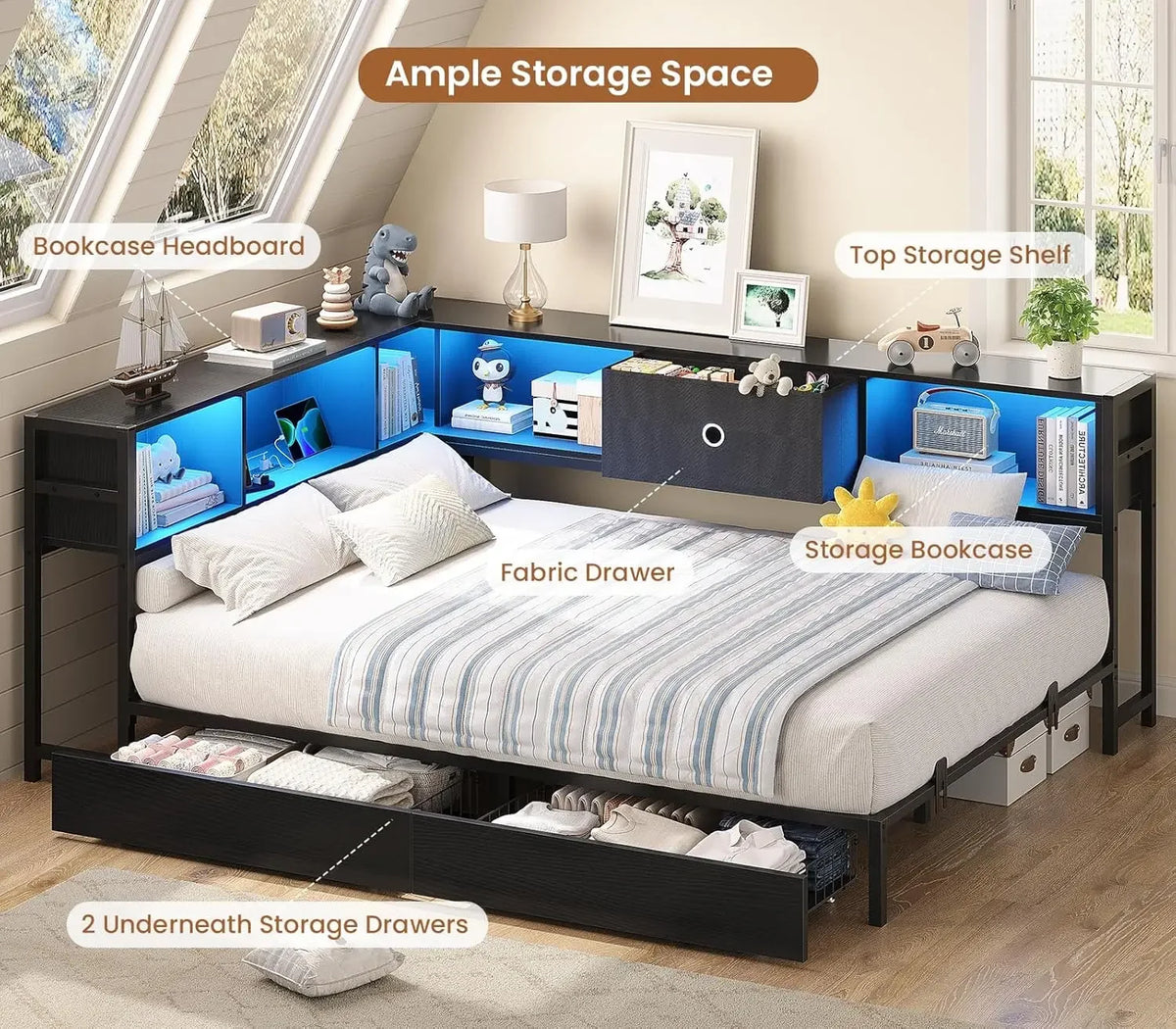 Full Size Daybed Bed Frame Metal Platform Corner Bookcase Headboard Storage Drawers Charging Station Led Lights Kids Teens Guest